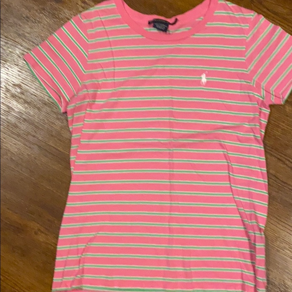 Pink white and lime green striped Ralph Lauren tee